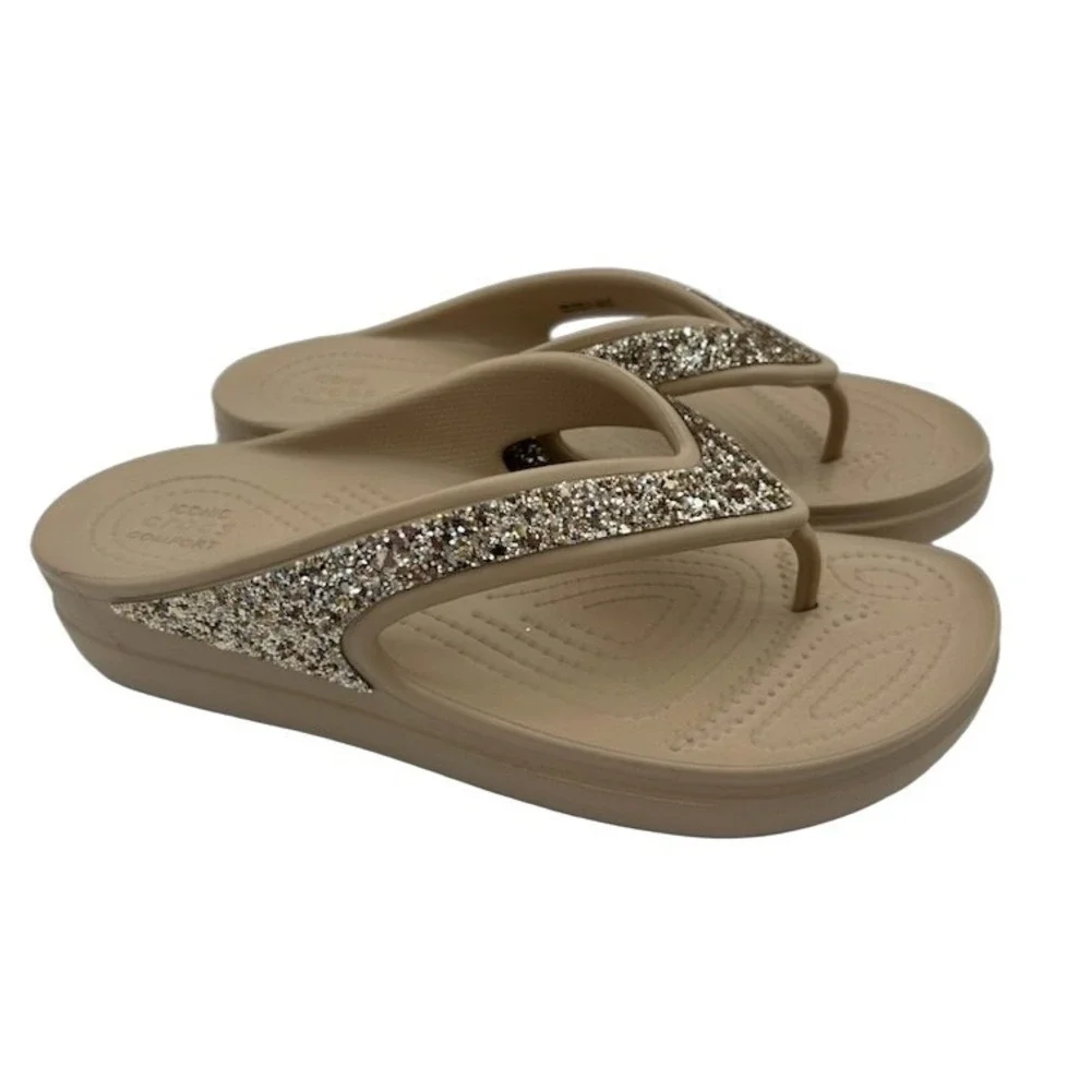 Crocs Capri Glitter Flip Flops Women's Size 10 W Tan Gold Sparkle Wedge Sandals